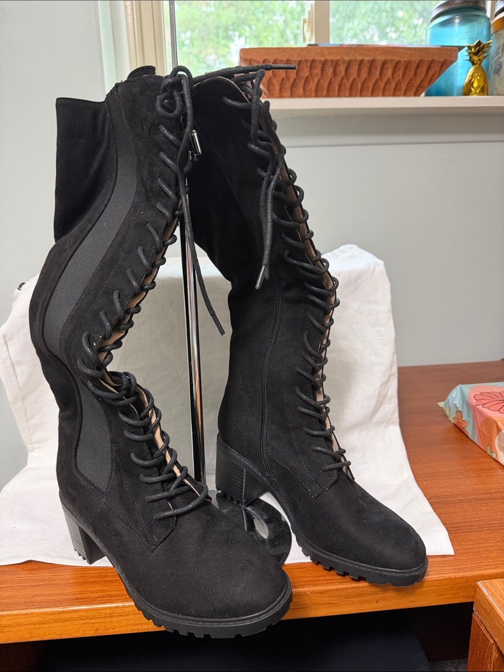 Journee Collection Black Lace-Up Mid-Calf Block Heel Boots